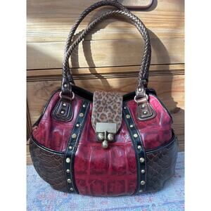 Madi Claire MC Red Croc Embossed Satchel Hobo Leopard Print Flap Antique Gold